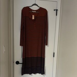 LOFT Rust and Black Striped Long Sleeve Dress